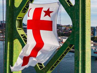 Mi'kmaq flag hanging on Halifax bridge